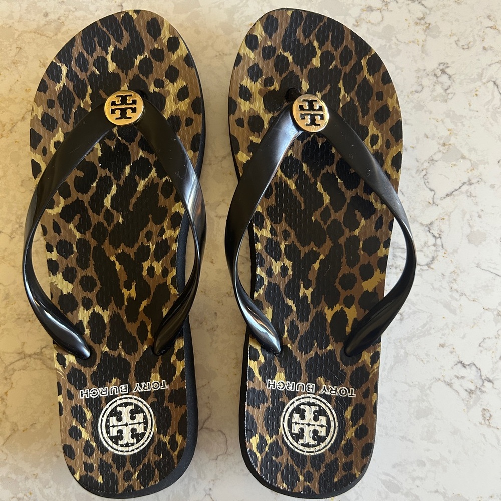 Tory Burch Leopard Print Flip Flops with Gold Logo